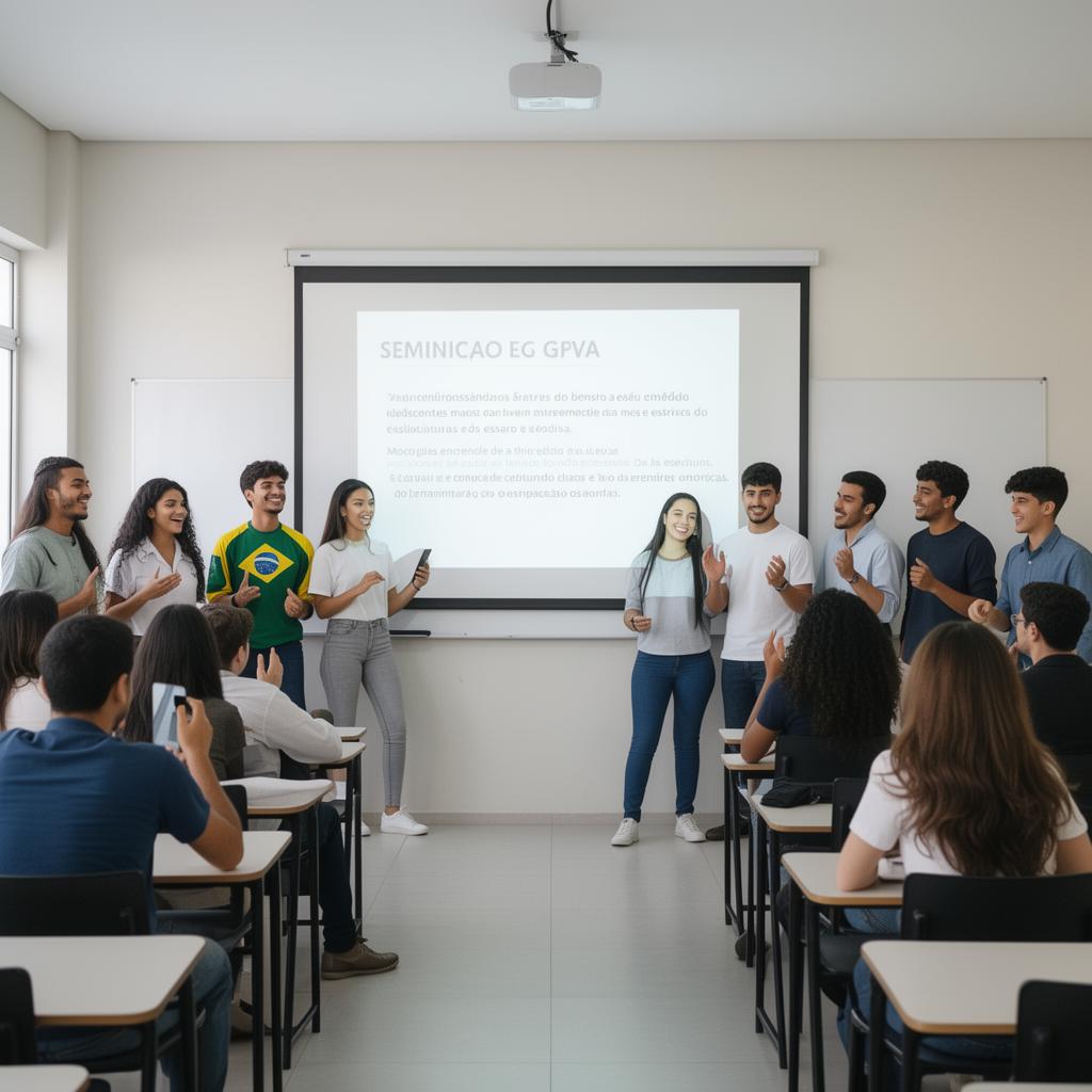 Alunos apresentando seminário no Colégio Dimensão